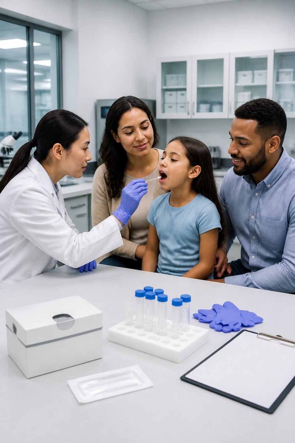 A laboratory technician collects a cheek swab from a child while family members sit nearby.