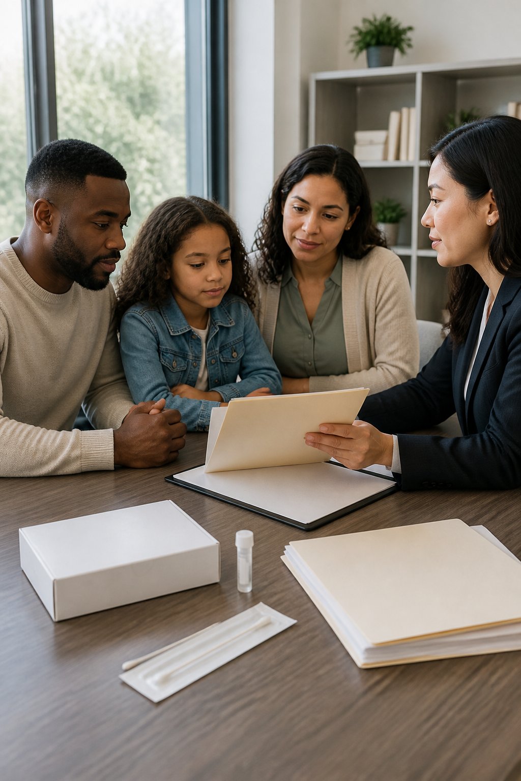 A family discusses immigration documents and a DNA testing kit with an immigration lawyer in an office.