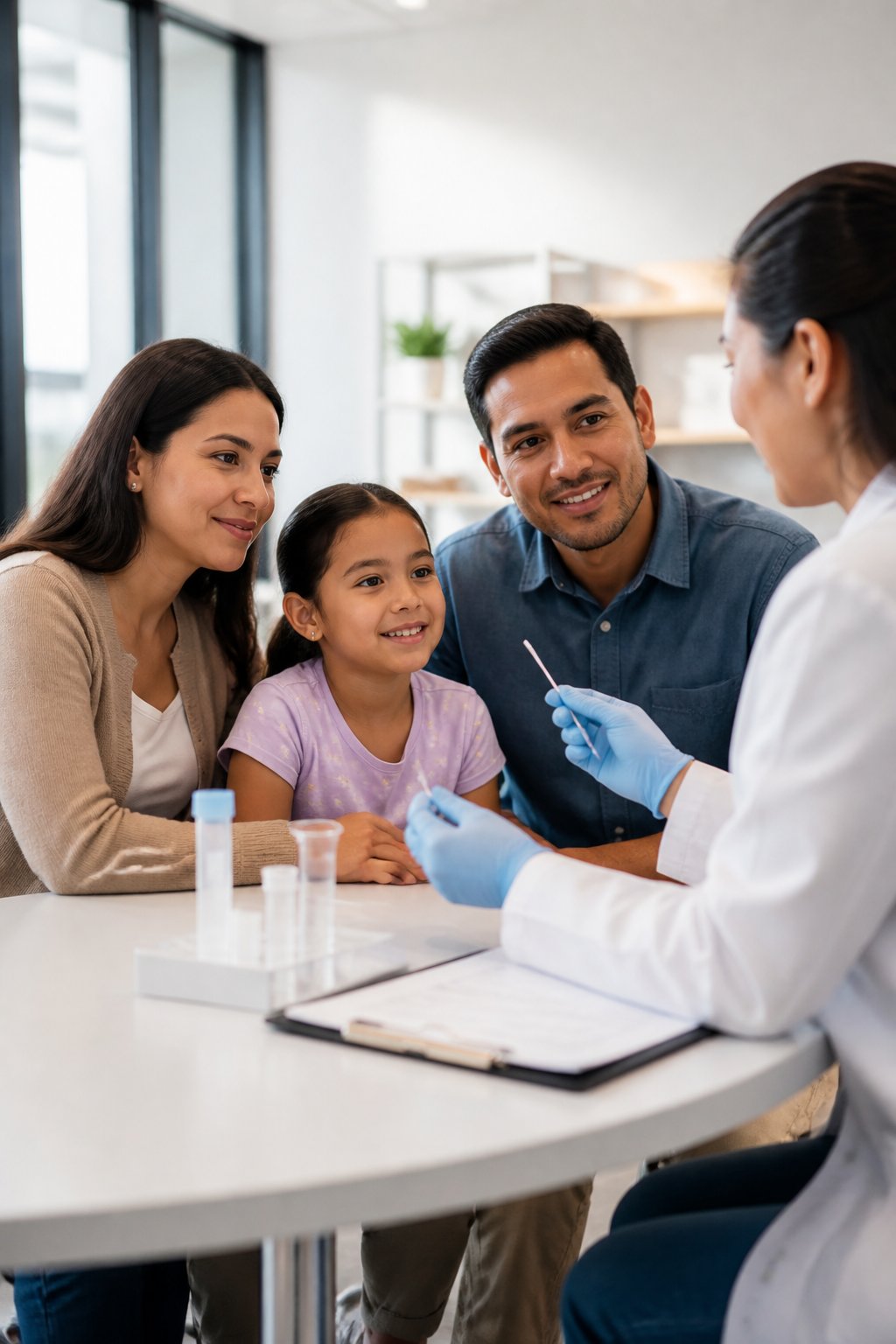A family meets with a healthcare professional during a DNA relationship test at a modern clinic.