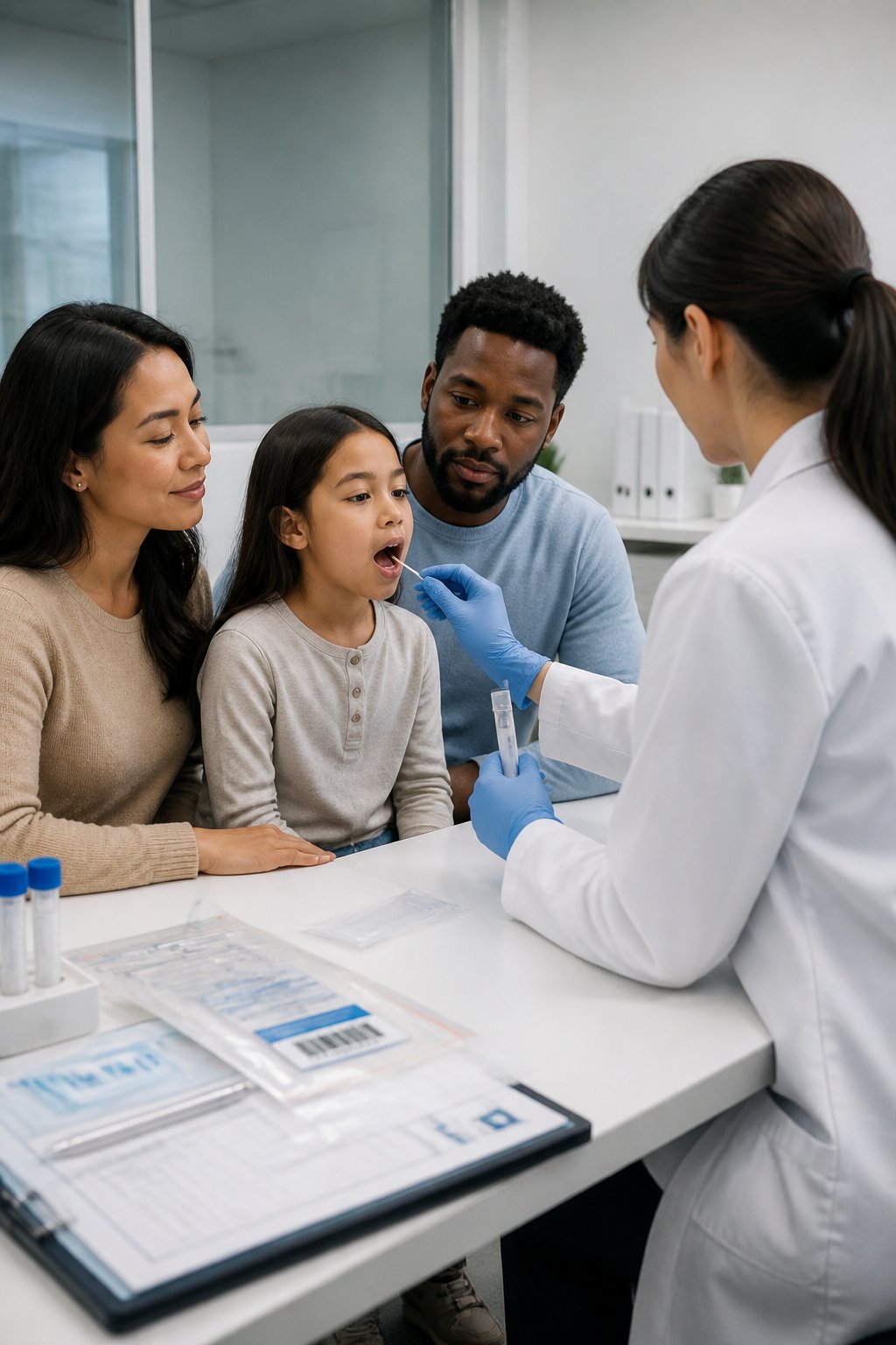 A laboratory technician collects and secures a cheek-swab DNA sample from a parent and child.