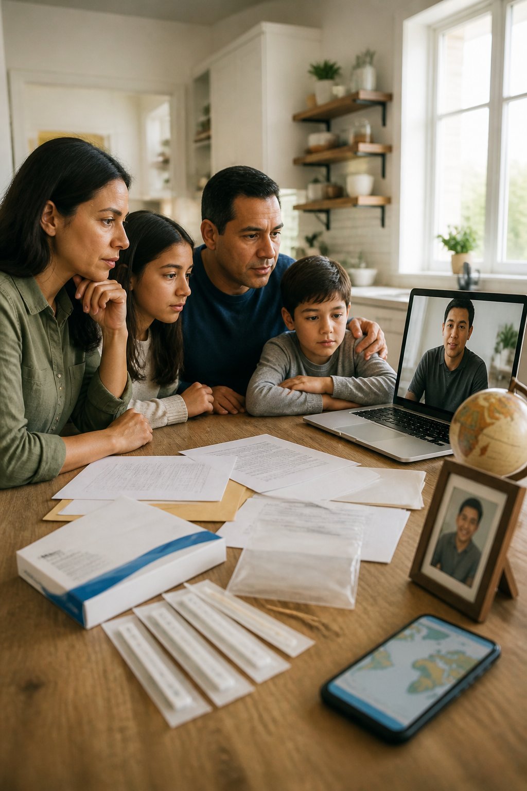 A family reviews a DNA testing kit and documents while speaking with a relative abroad on a laptop.