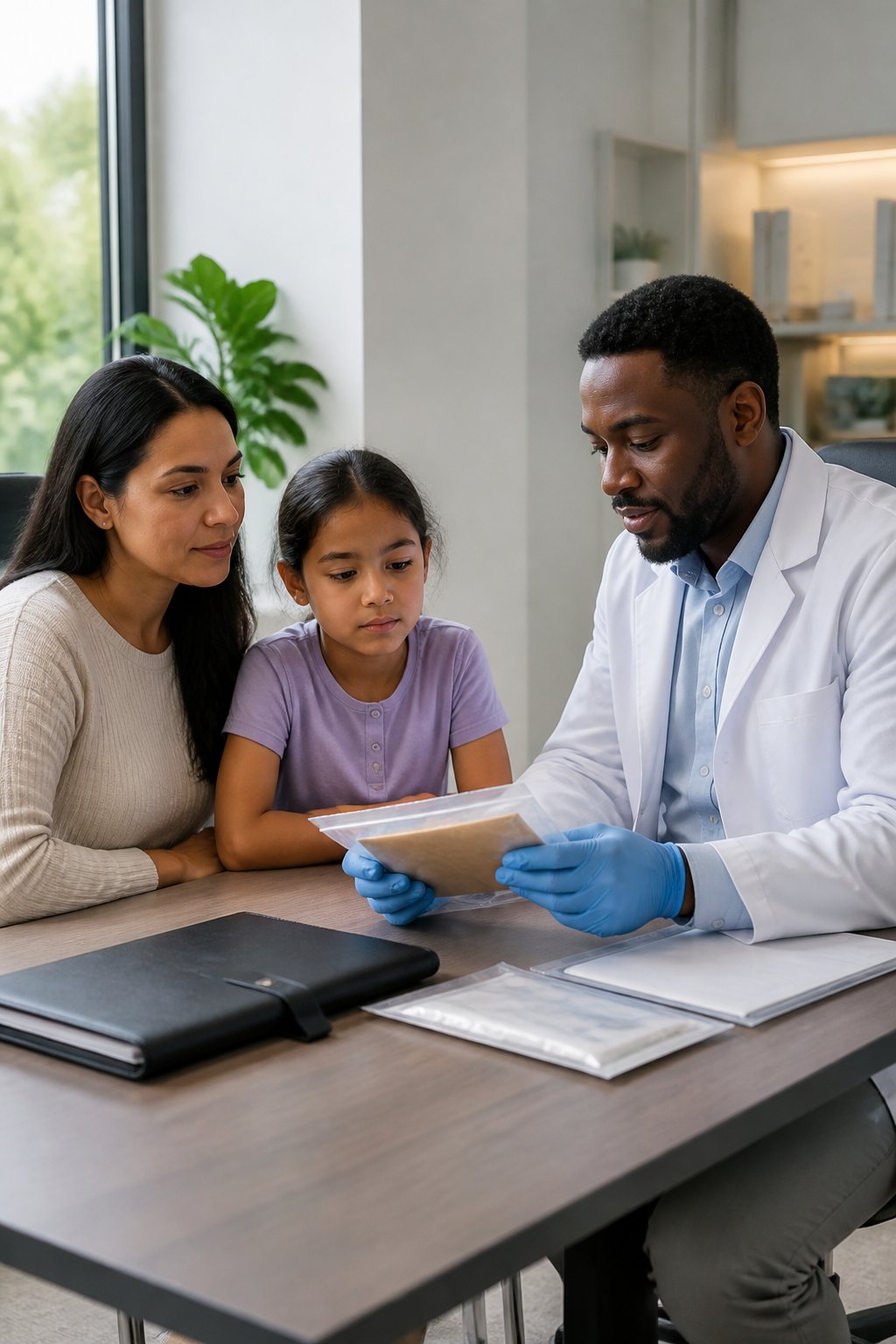 A family consults with a genetic testing specialist about a DNA sample collection kit in a medical office.
