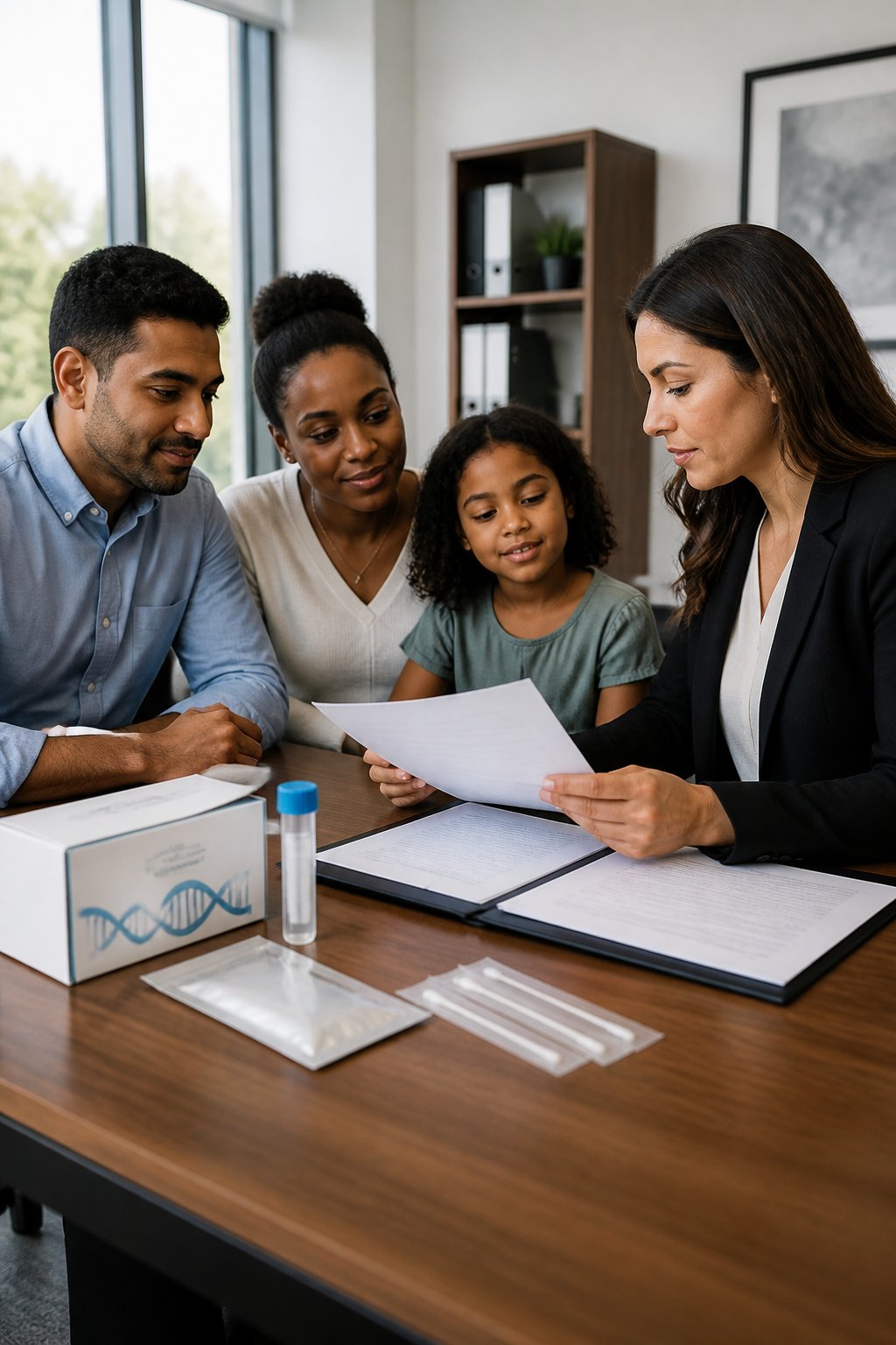 A family consults an immigration professional while reviewing DNA testing materials and legal documents.