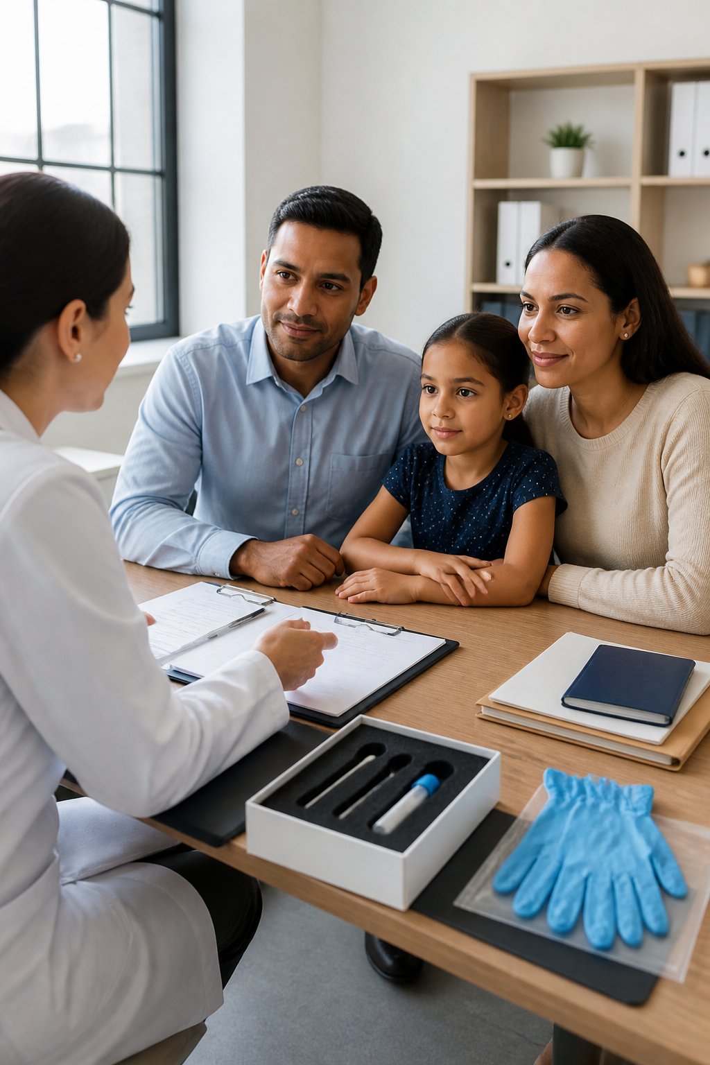 A family consults a healthcare professional about a DNA sample collection kit in a modern office.