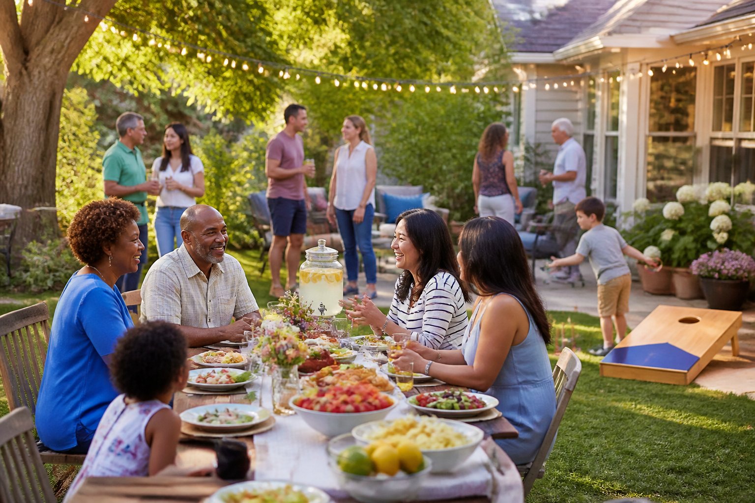 Neighbors of different ages gather in a sunny backyard for a friendly outdoor party with food, drinks, and lawn games.