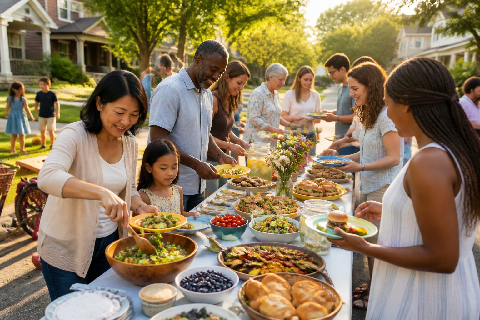 Neighbors gather outdoors around a shared table of food at a summer block party.