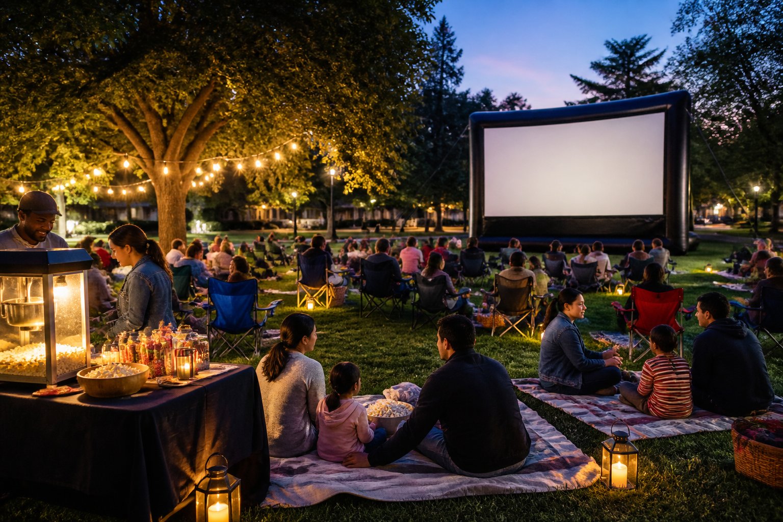 Neighbors gather on blankets and lawn chairs for an outdoor movie night in a park.