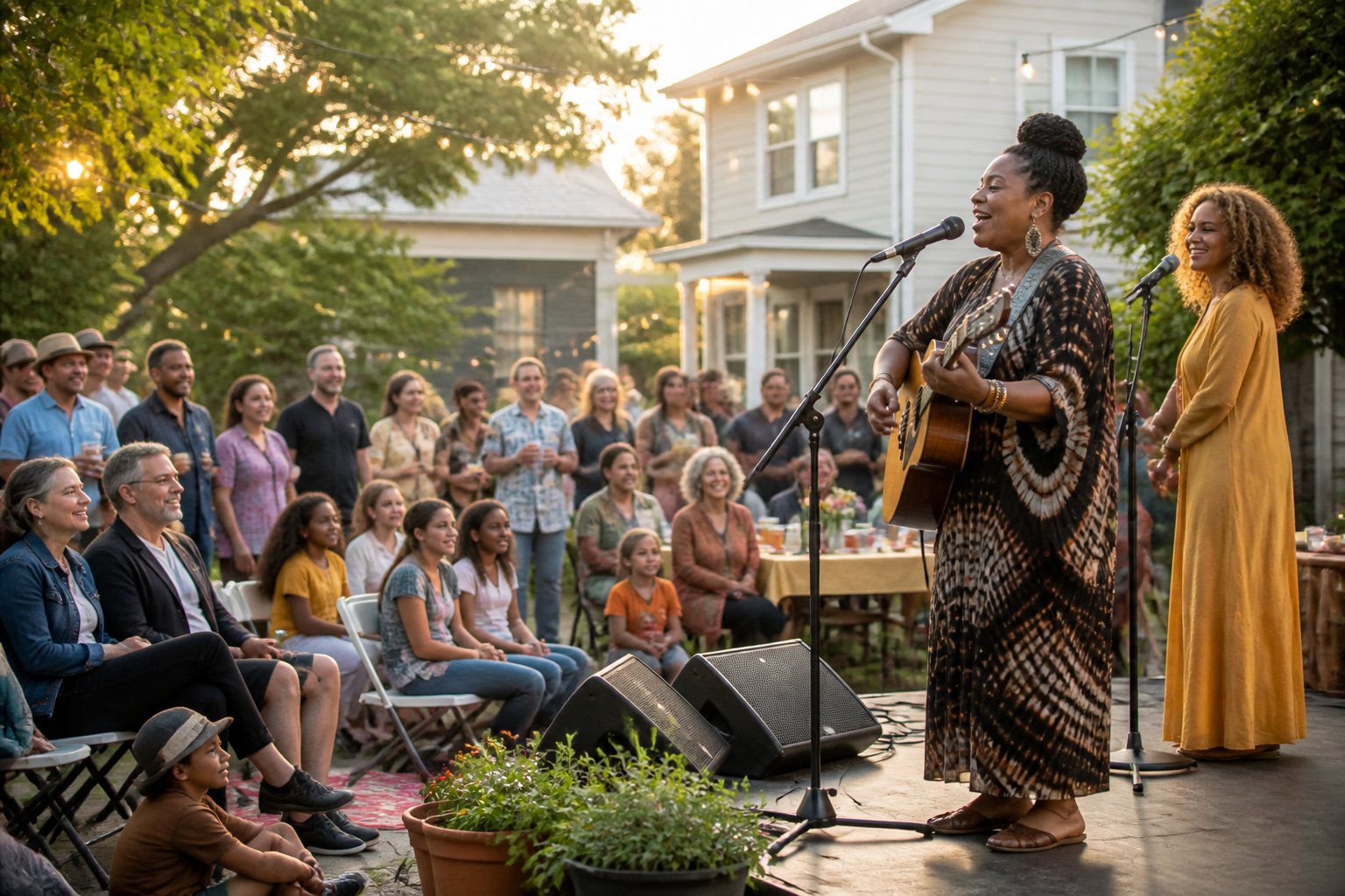 Neighbors gather at an outdoor community talent show while a performer sings into a microphone.