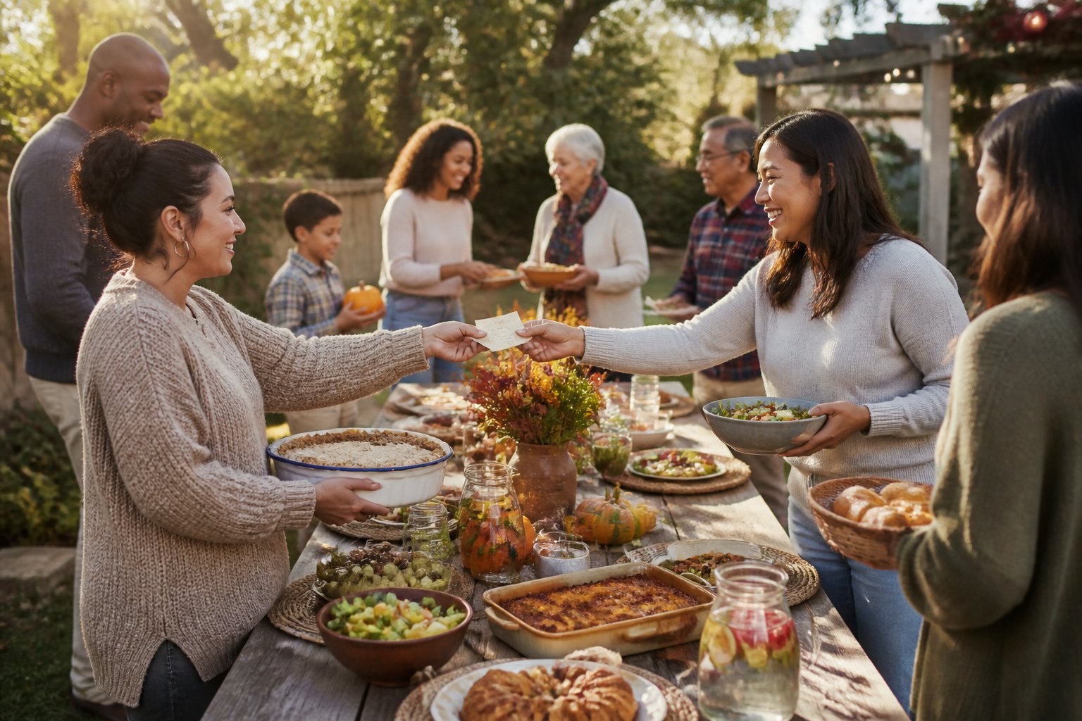 Neighbors share homemade dishes and recipe cards at a seasonal outdoor potluck.