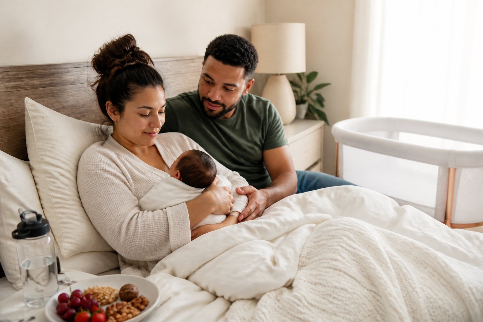 A new mother rests in bed with her newborn while a support person helps nearby.