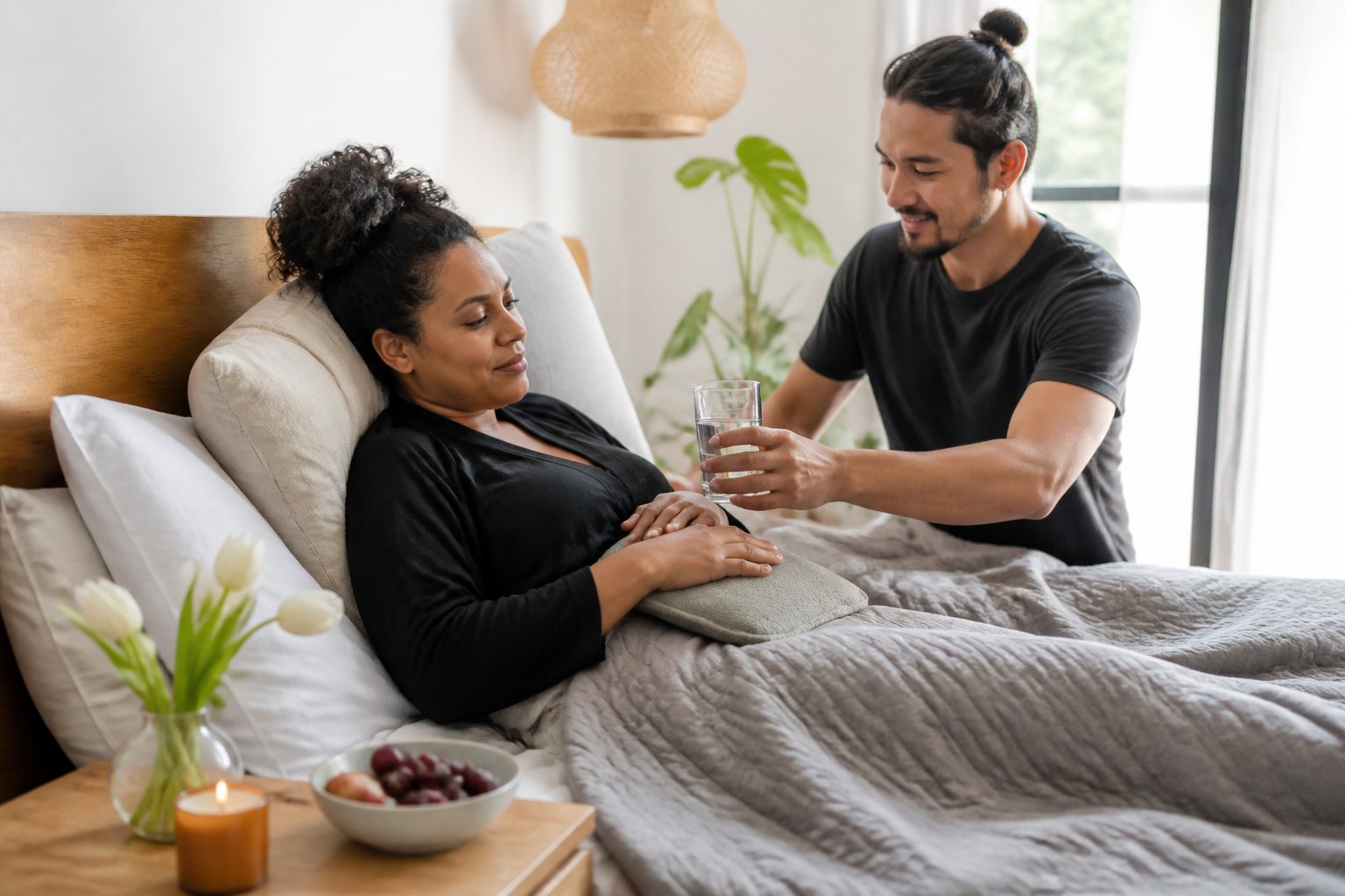A postpartum mother rests comfortably at home while a caregiver offers support.