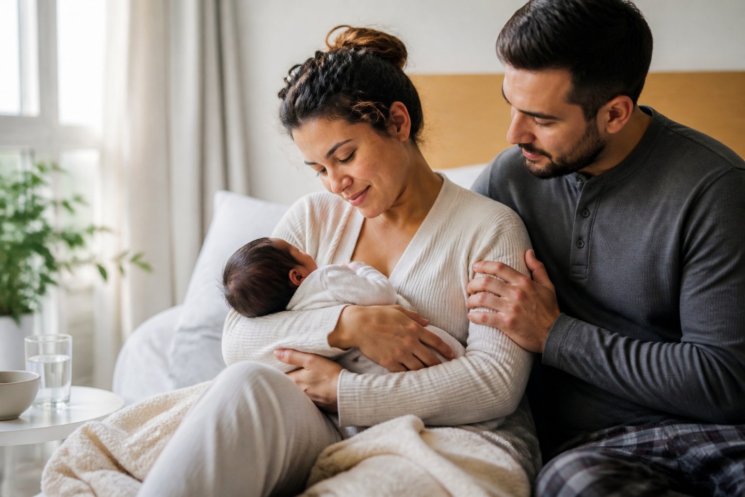 A mother gently holds her newborn baby while a loved one offers support in a softly lit bedroom.