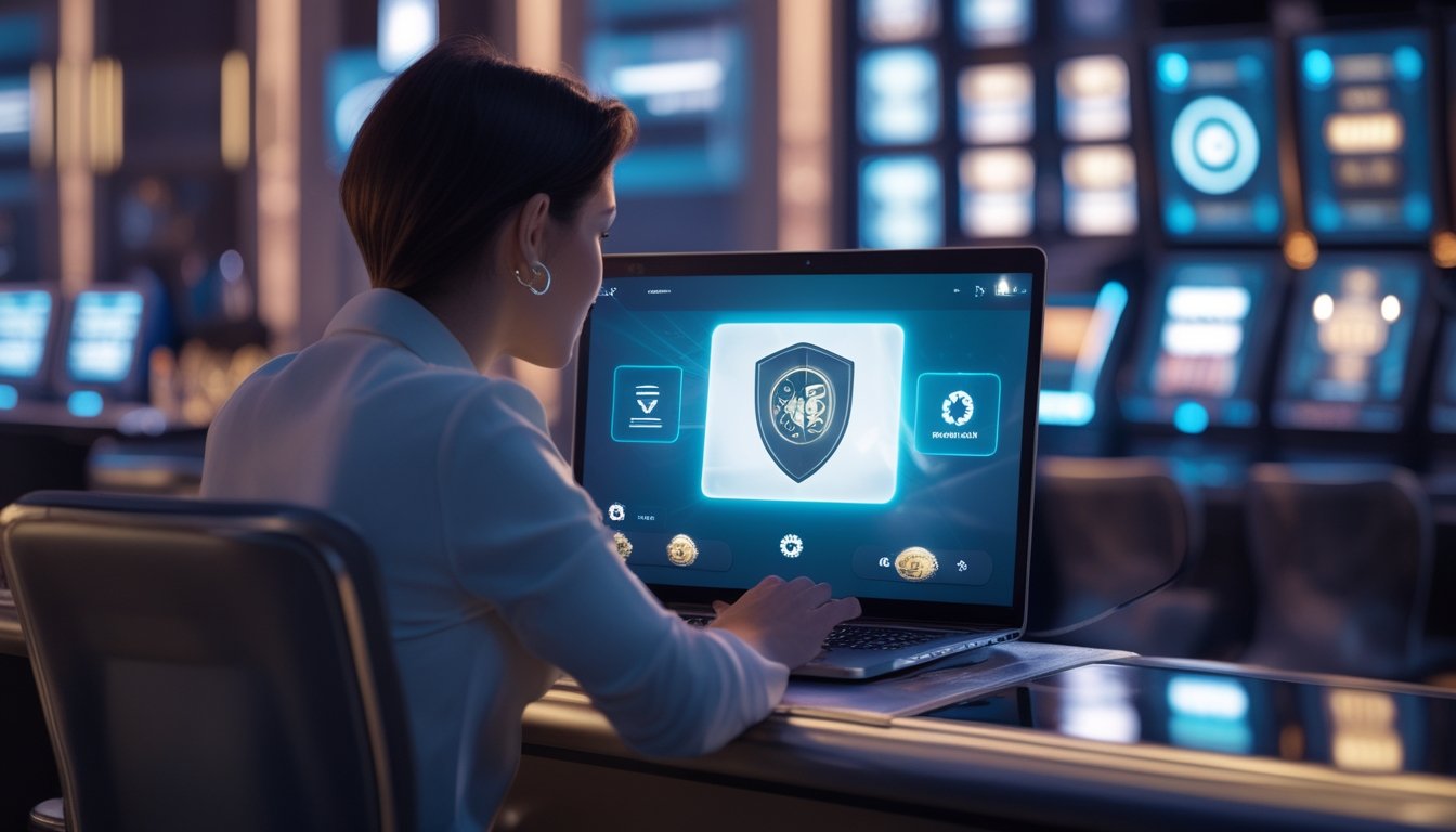 Seorang pengguna melihat permainan slot digital di laptop dalam suasana modern dengan simbol keamanan dan globe di latar belakang.