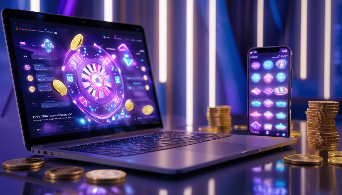 Meja modern dengan laptop, ponsel, koin emas, dan cahaya warna-warni bernuansa permainan digital.