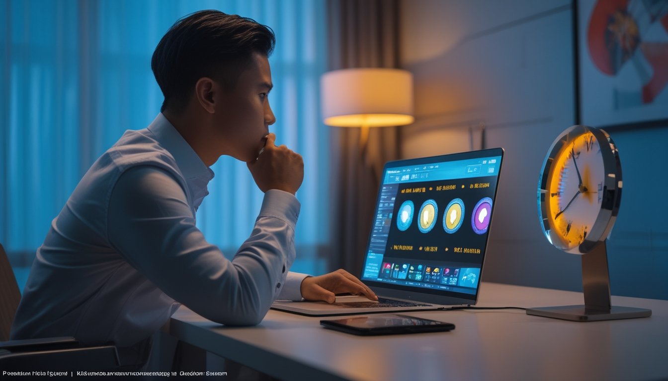 Seseorang memperhatikan laptop dan jam di ruang modern dengan pencahayaan lembut.