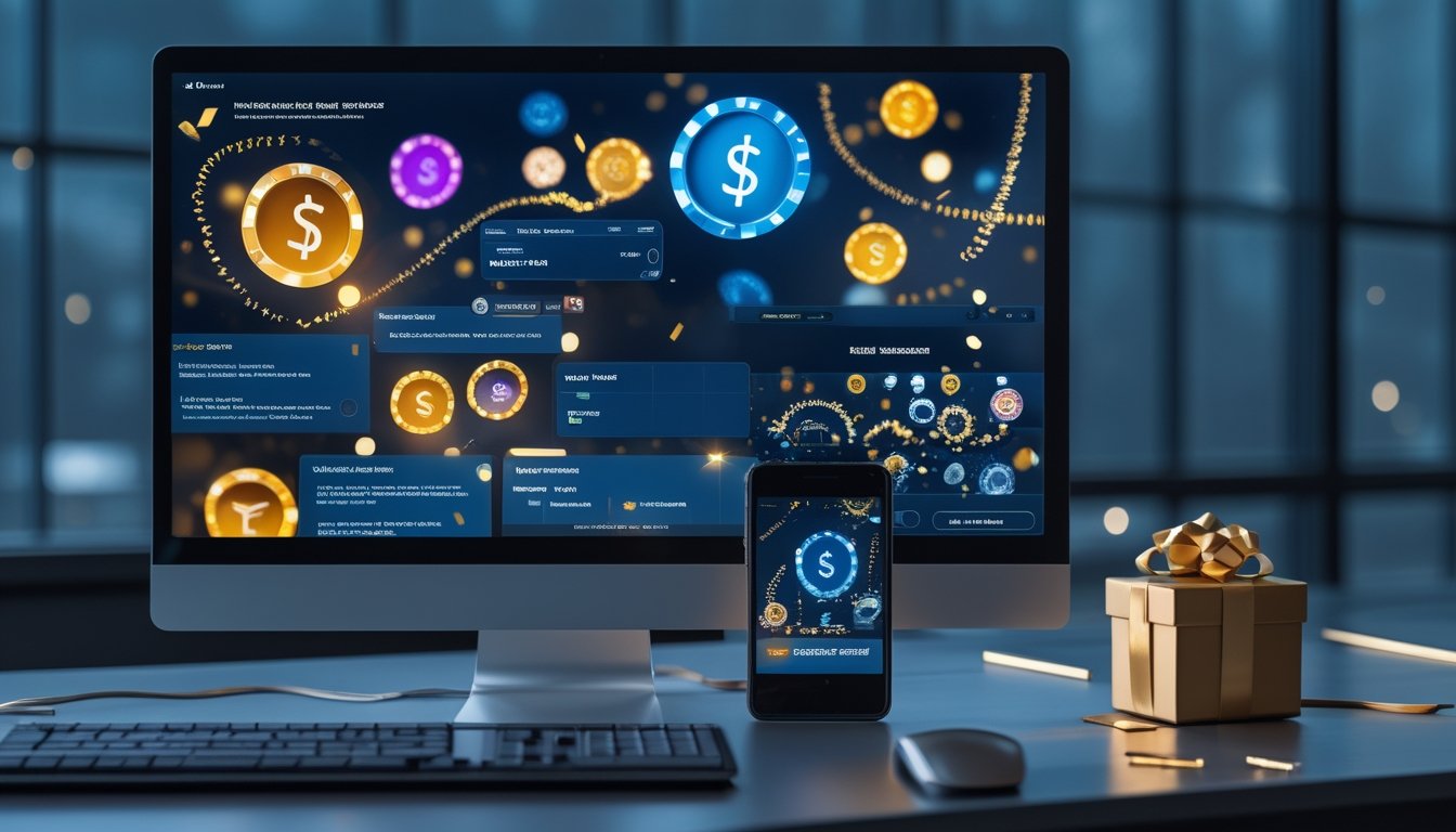 Meja modern dengan monitor dan ponsel yang menampilkan visual permainan digital berwarna-warni, dihiasi kotak hadiah dan konfeti.