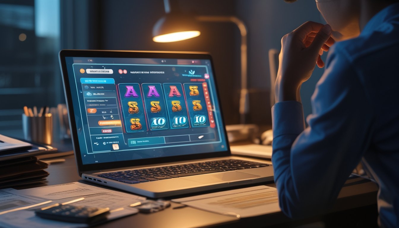 Seseorang memeriksa laptop dengan tampilan permainan slot yang buram di samping dokumen keuangan dan kalkulator.