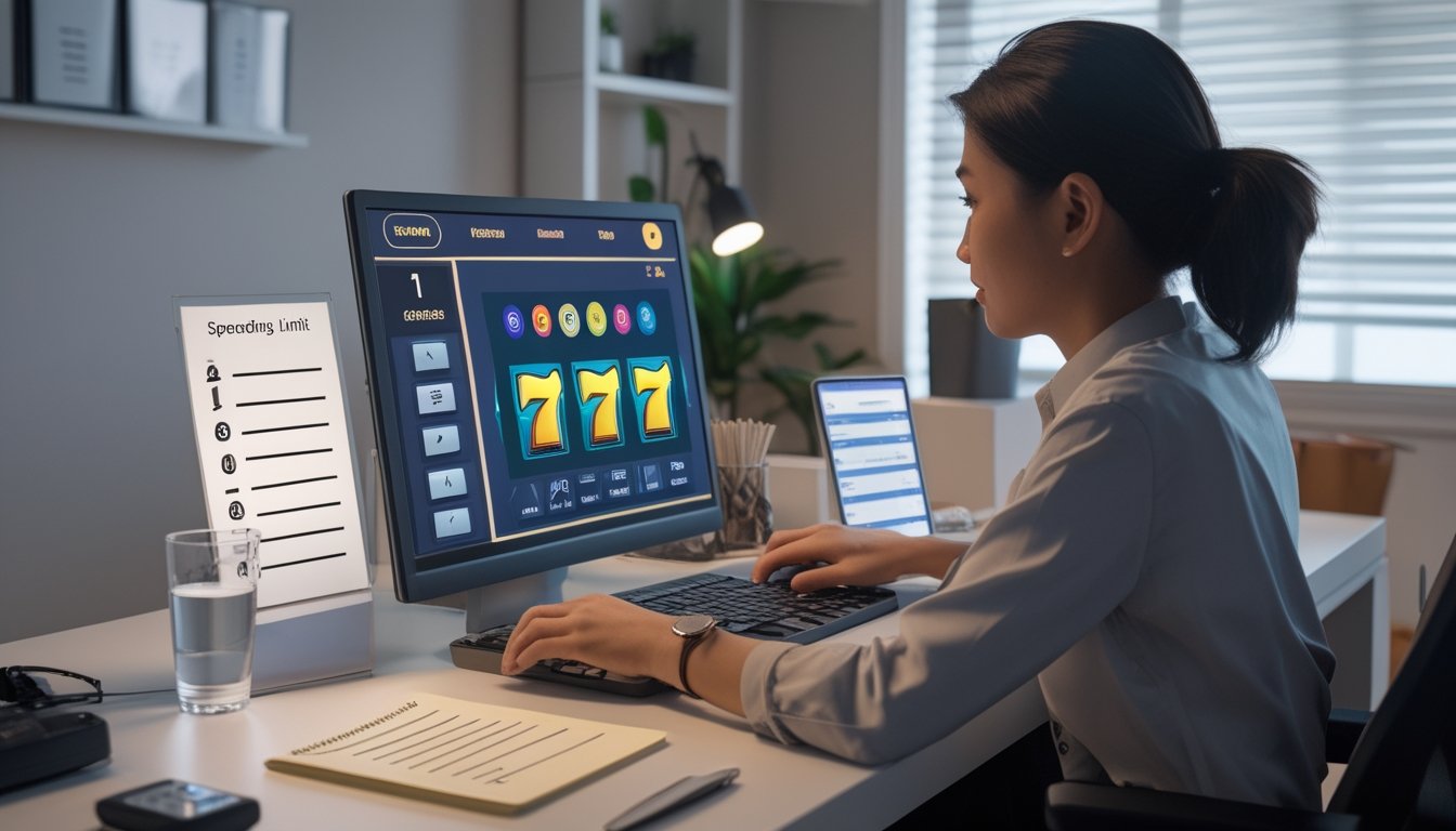 Orang dewasa mempelajari permainan slot di laptop dengan catatan strategi dan alat bantu pengelolaan anggaran.