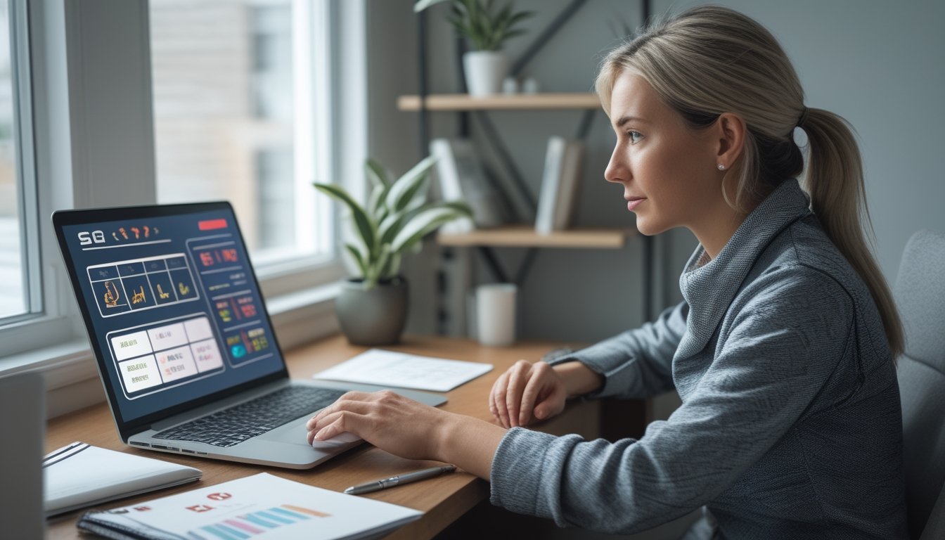 Seorang pemula mempelajari permainan slot online sambil mencatat anggaran dan risiko kerugian di meja kerja.