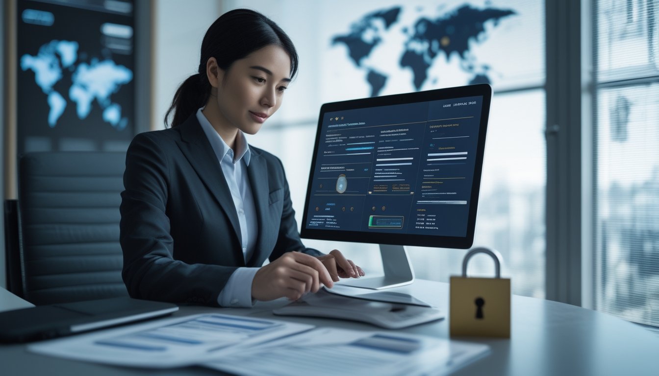 Seorang analis dewasa memeriksa dokumen dan laptop untuk menilai keamanan serta kredibilitas platform digital.