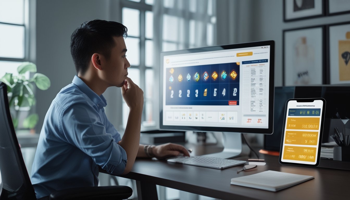 Orang dewasa sedang meninjau grafik keuangan dan visual permainan digital di meja kerja.