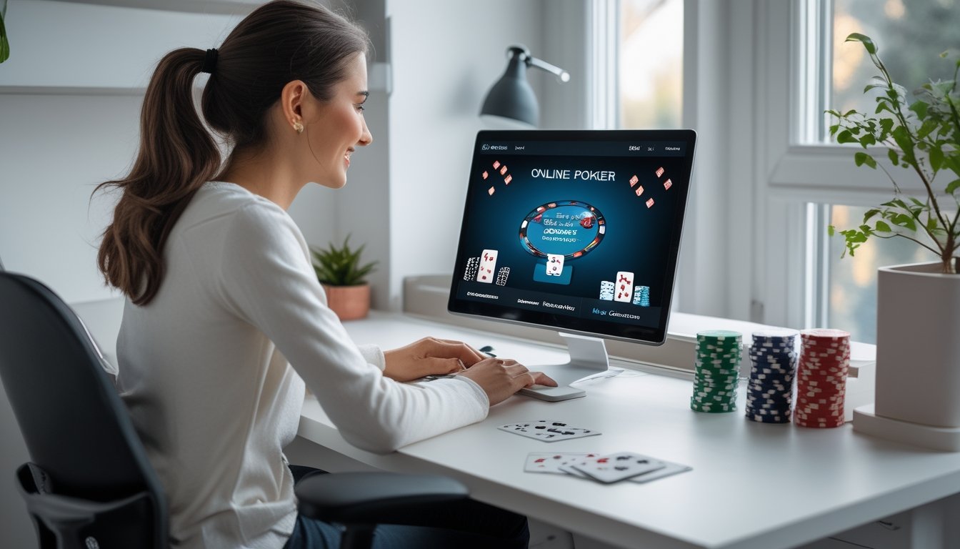 Seorang pemula bermain poker online di meja kecil dengan laptop dan beberapa keping chip.