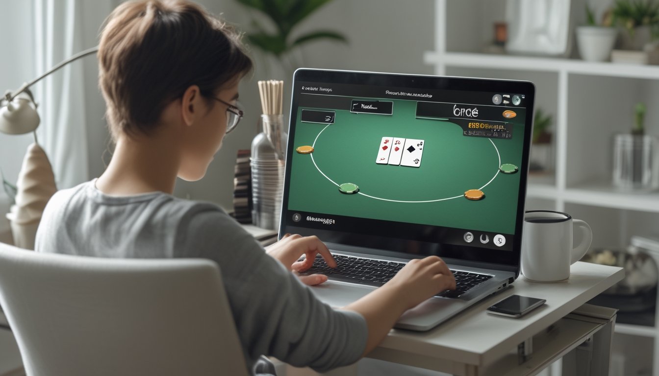 Seorang pemula bermain poker online di meja kecil menggunakan laptop dalam suasana rumah yang nyaman.