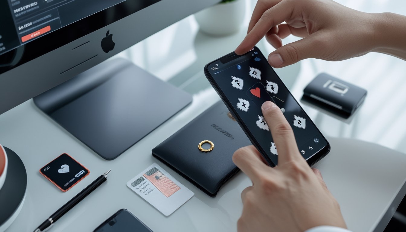 Tangan seseorang menggunakan ponsel dengan permainan kartu digital dan dompet elektronik di atas meja.