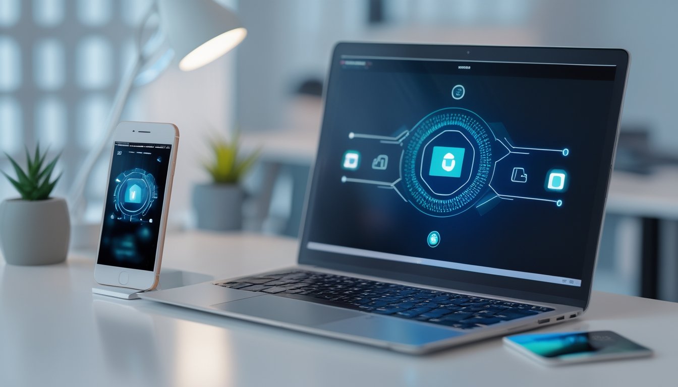 Ponsel dan laptop menampilkan ilustrasi transaksi pulsa digital yang aman di meja kerja modern.