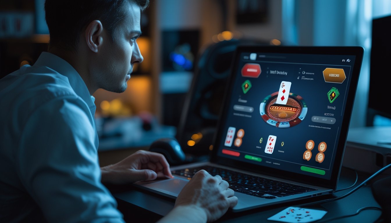 Seorang pemain poker online duduk fokus di depan laptop dengan kartu dan keping poker di atas meja.