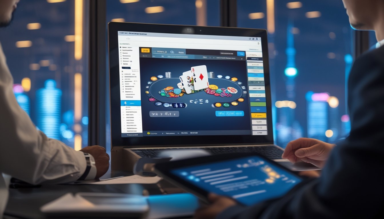 Sekelompok orang dewasa Asia menggunakan perangkat digital dengan tampilan permainan poker di ruang kerja modern berlatar cakrawala kota.