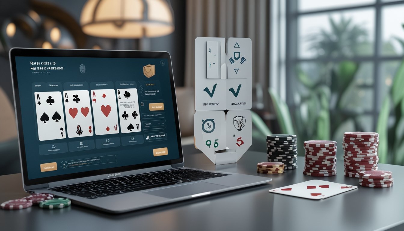 Laptop dengan antarmuka poker abstrak, kartu remi, keping poker, dan simbol keamanan di meja kerja modern.