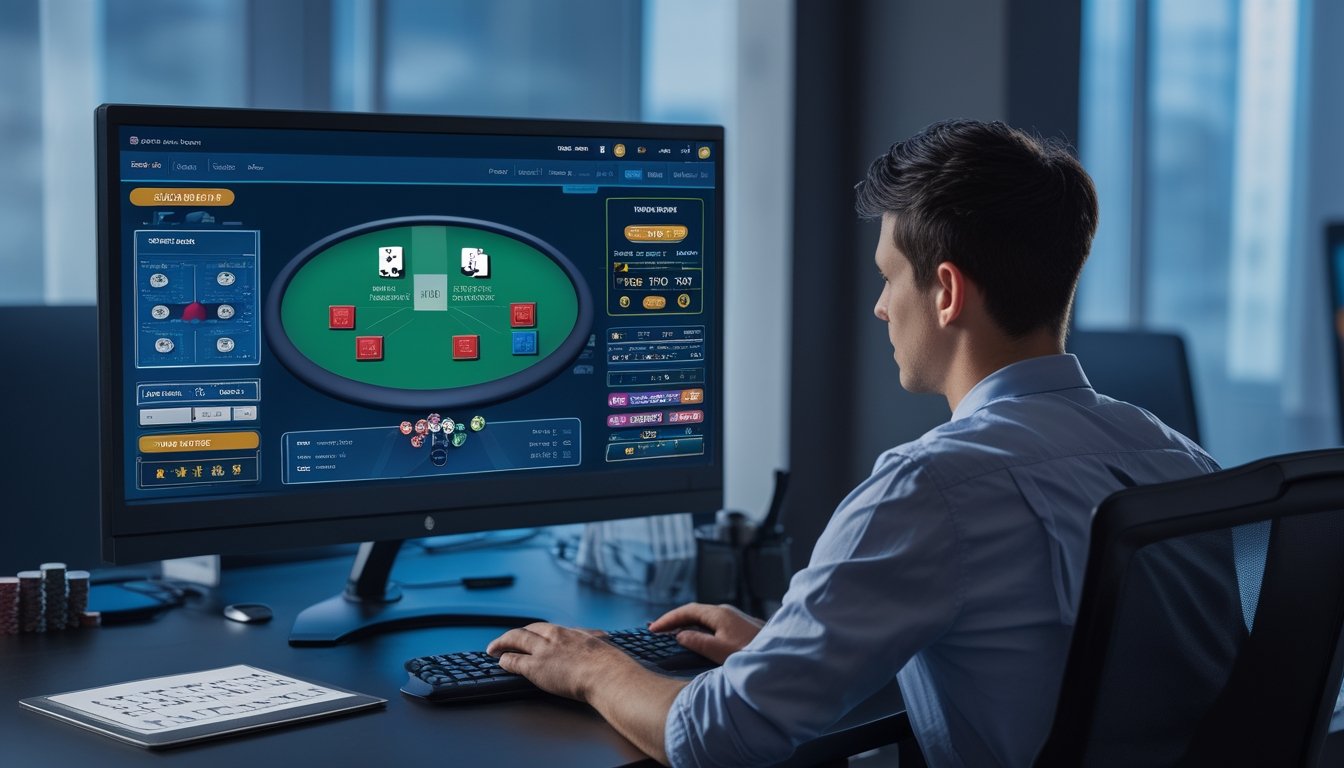 Pemain memilih posisi duduk di meja poker online melalui komputer.