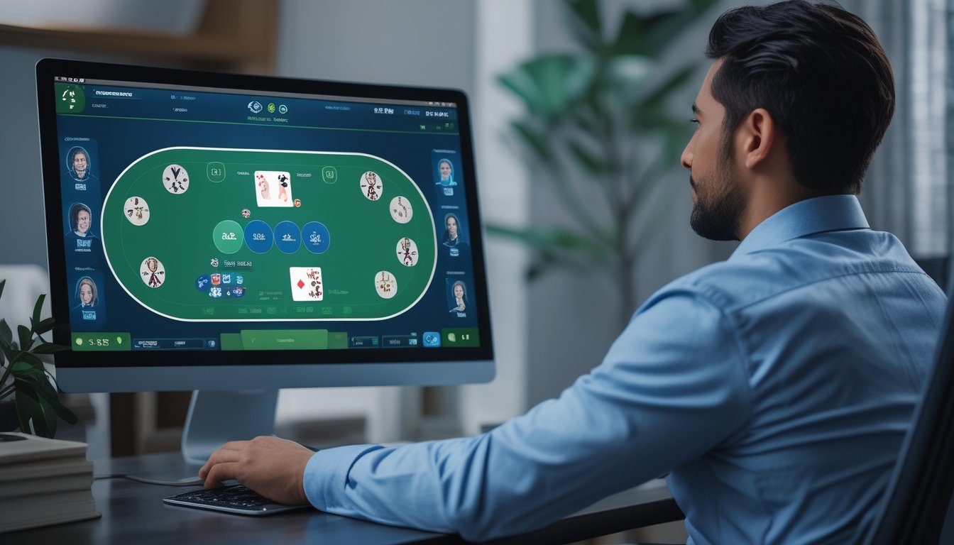 Pemain melihat meja poker virtual di komputer sambil mempertimbangkan posisi kursi dan urutan taruhan.