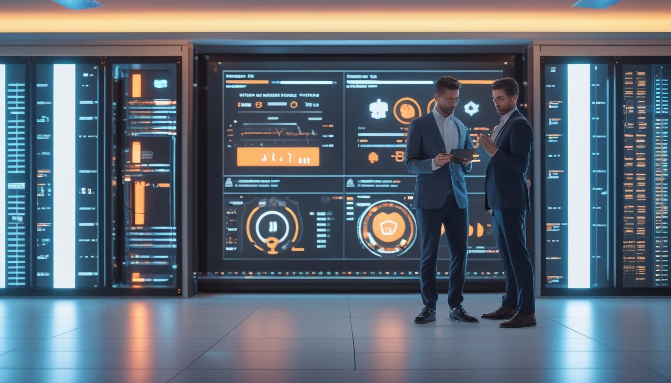 Seorang analis TI membandingkan dua rak server modern di pusat data menggunakan tablet.