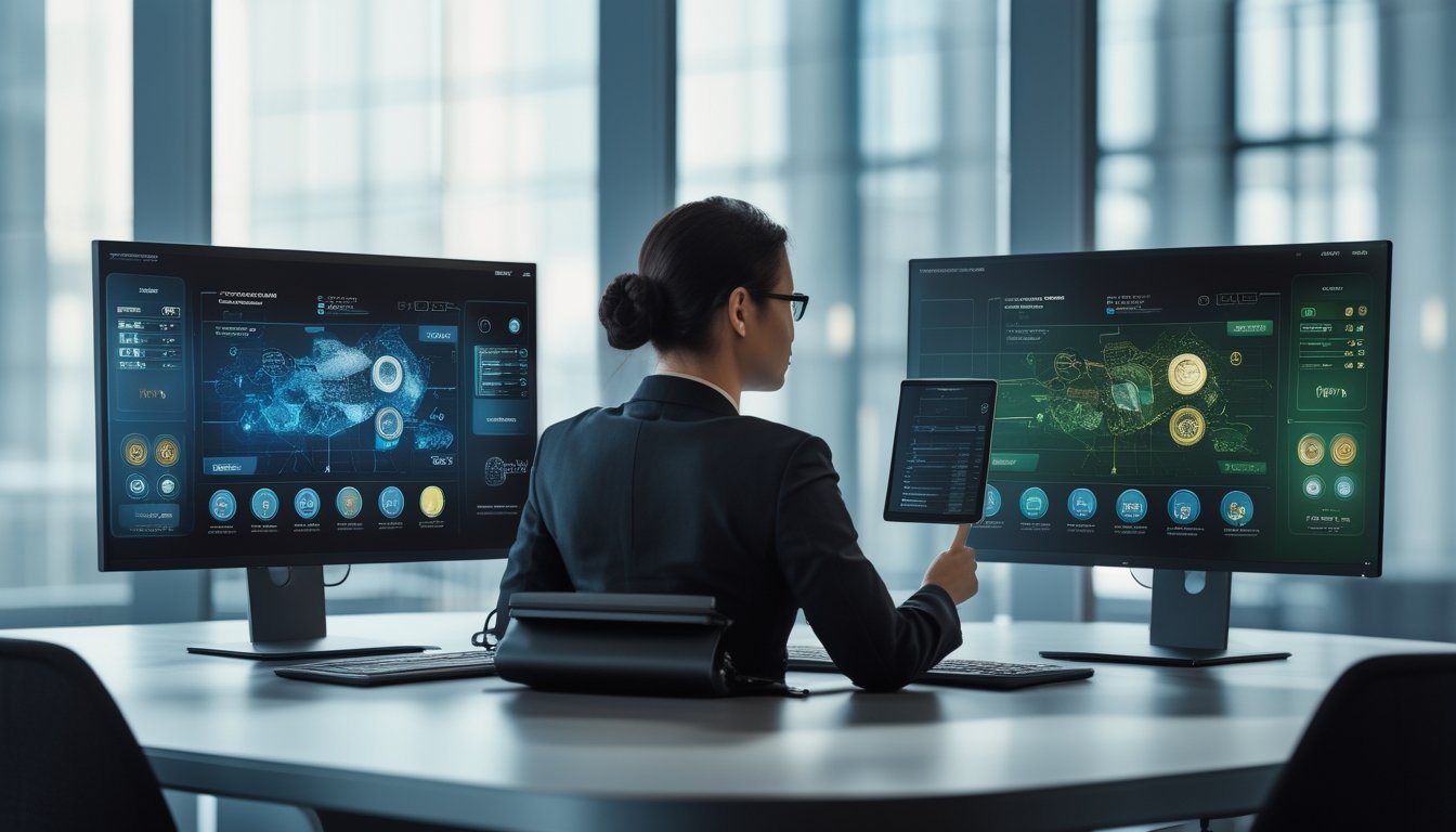 Seorang analis membandingkan dua layar komputer yang menampilkan dasbor digital berbeda di meja kantor modern.