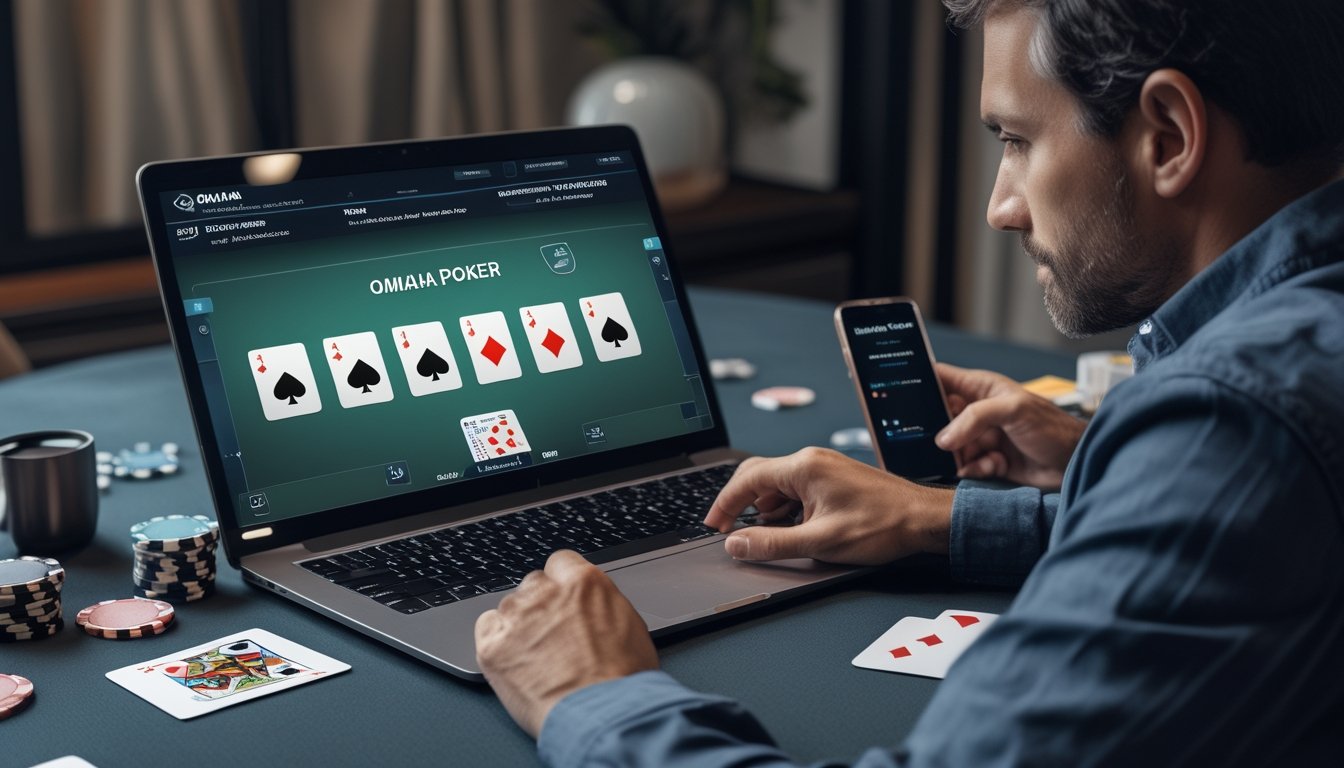 Seseorang mempelajari permainan poker Omaha online menggunakan laptop dengan kartu dan chip poker di atas meja.