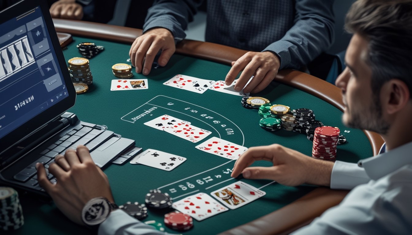 Pemain mempelajari kartu Omaha, chip poker, dan meja poker dengan laptop.