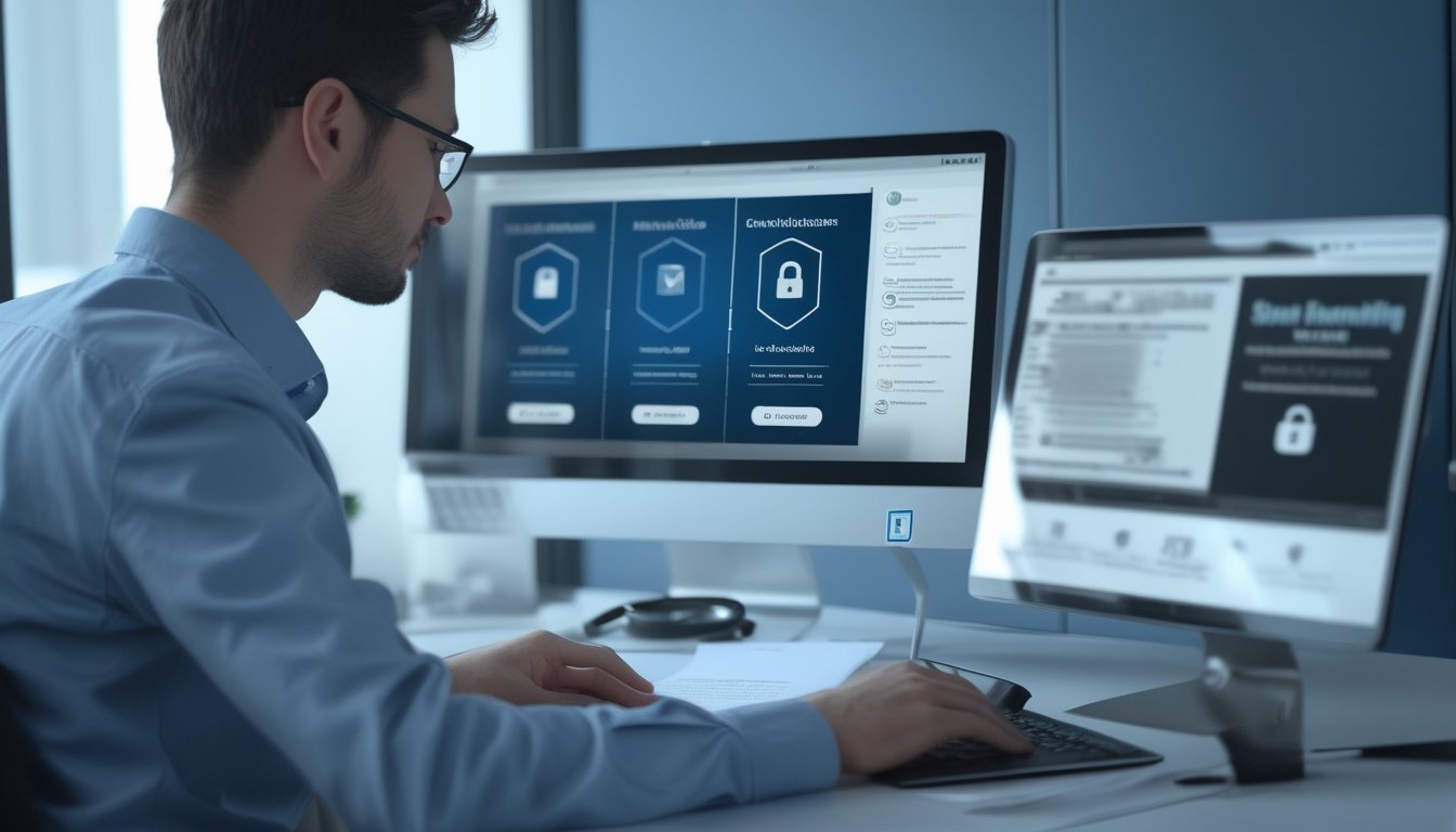 Seorang analis keamanan digital memeriksa kredibilitas dan keamanan platform daring di meja kerja modern.