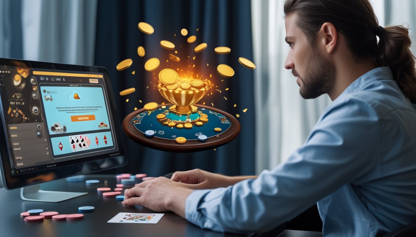Seseorang menganalisis permainan poker online di depan laptop dengan kartu dan keping poker di meja.