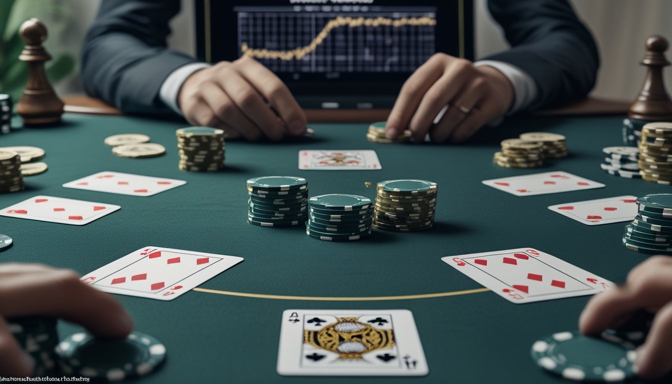 Meja poker dengan kartu, tumpukan chip, kalkulator, dan laptop yang menggambarkan analisis peluang serta risiko jackpot.