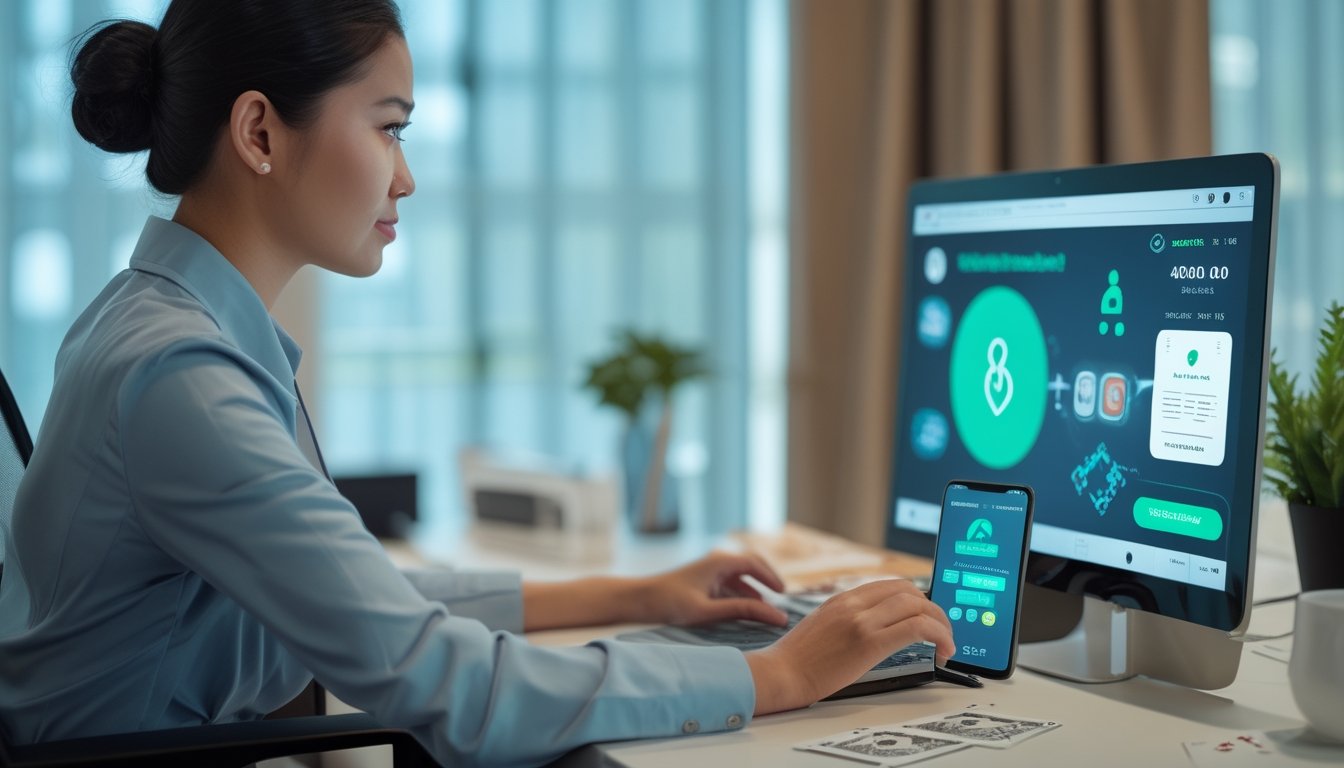 Seorang profesional memeriksa pembayaran kemenangan poker online di meja kerja dengan laptop, kartu, dan keping poker.