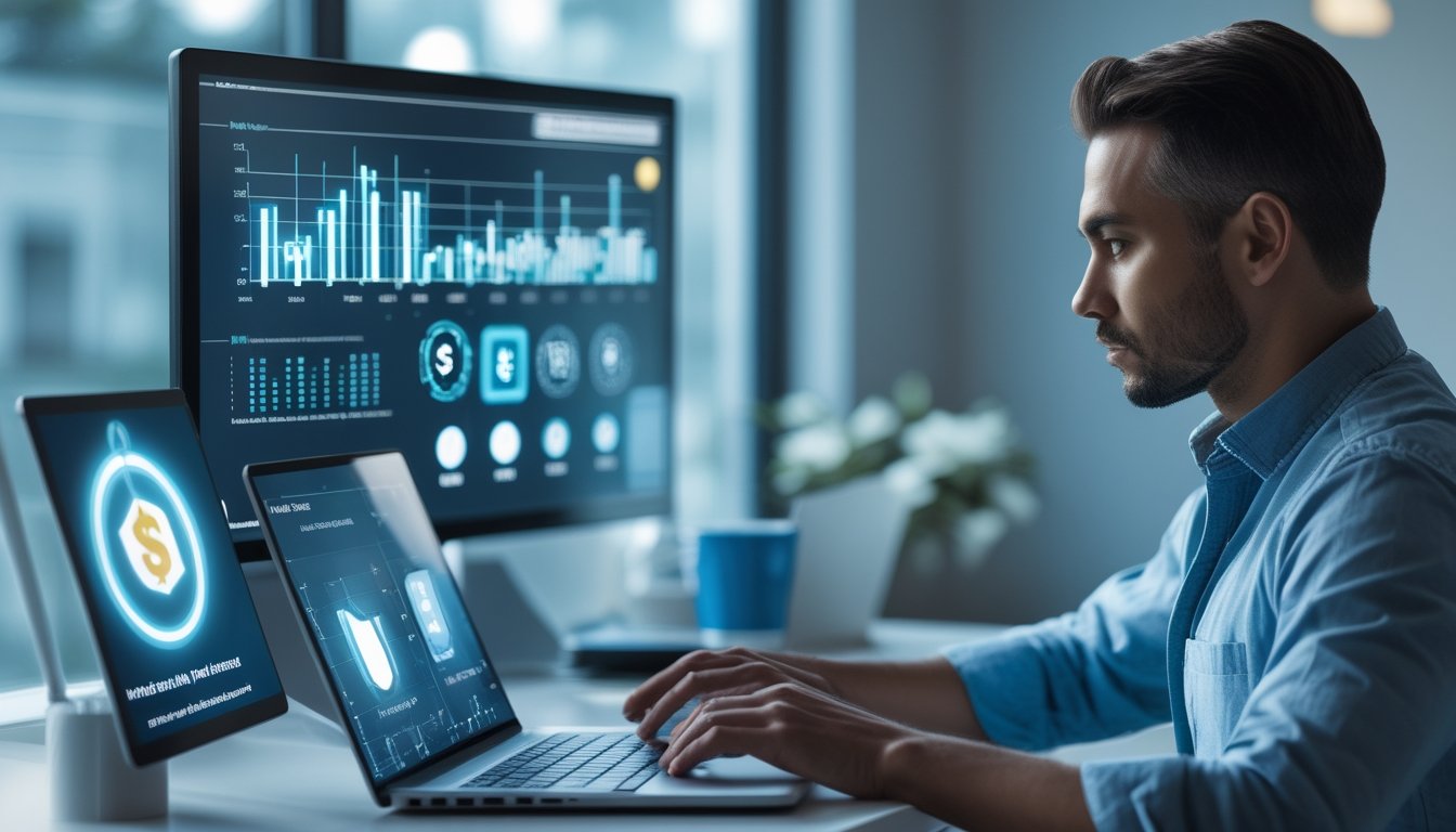 Seseorang menggunakan laptop dan ponsel untuk melihat dasbor data digital dengan grafik serta simbol keamanan.