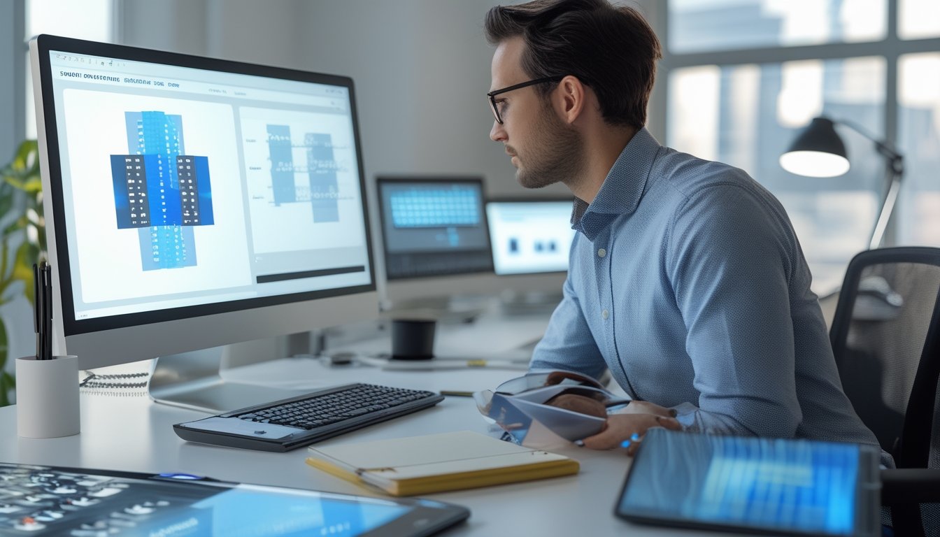 Seorang analis mempelajari pola angka dan grafik data abstrak di meja kerja modern.