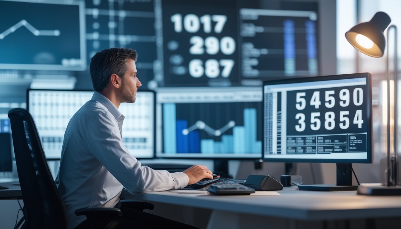 Seorang analis meninjau grafik probabilitas dan pola angka yang tampak samar di meja kerja modern.
