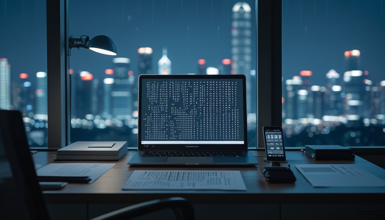 Meja kerja modern dengan laptop, kalkulator, dan dokumen kosong dalam suasana malam.