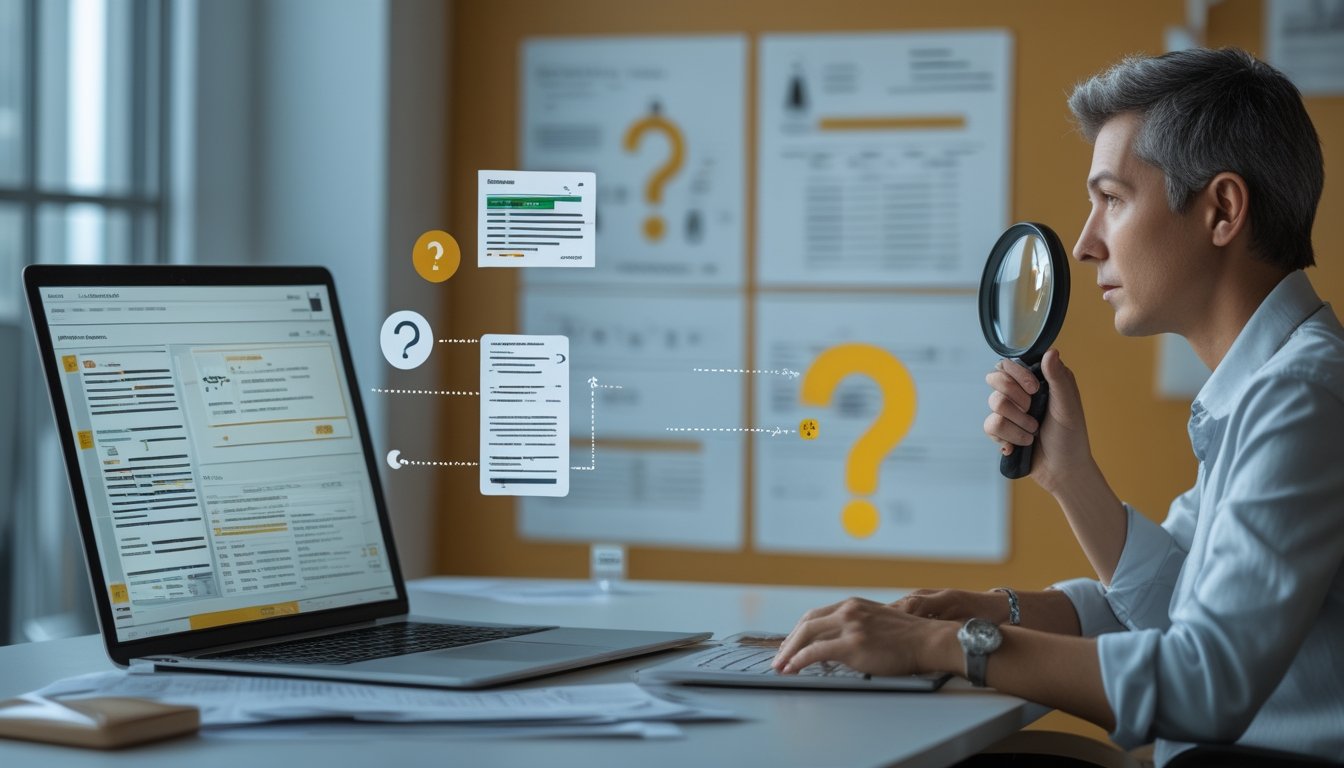 Seorang peneliti memeriksa berbagai sumber dan data yang tidak konsisten di meja kerja.