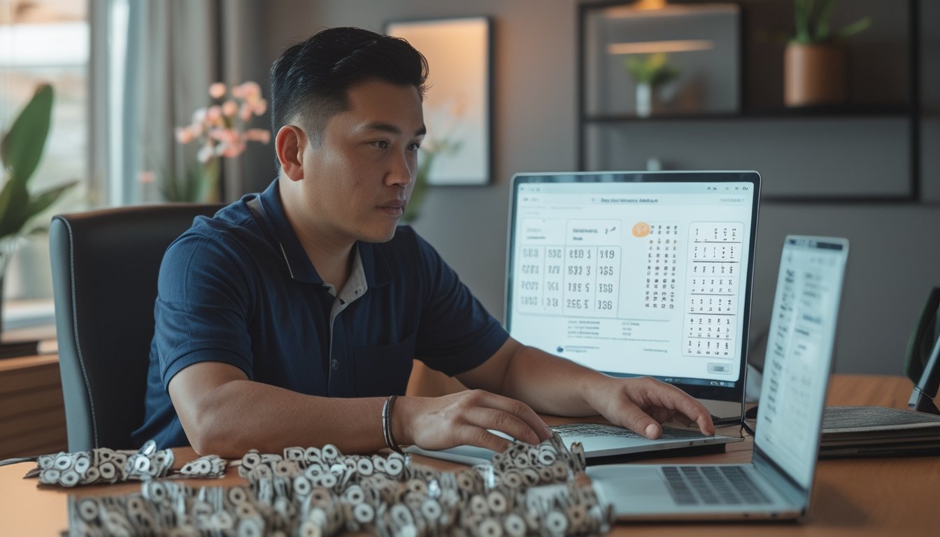 Seorang pemain Indonesia menganalisis angka dan grafik permainan lotre di meja kerja modern.