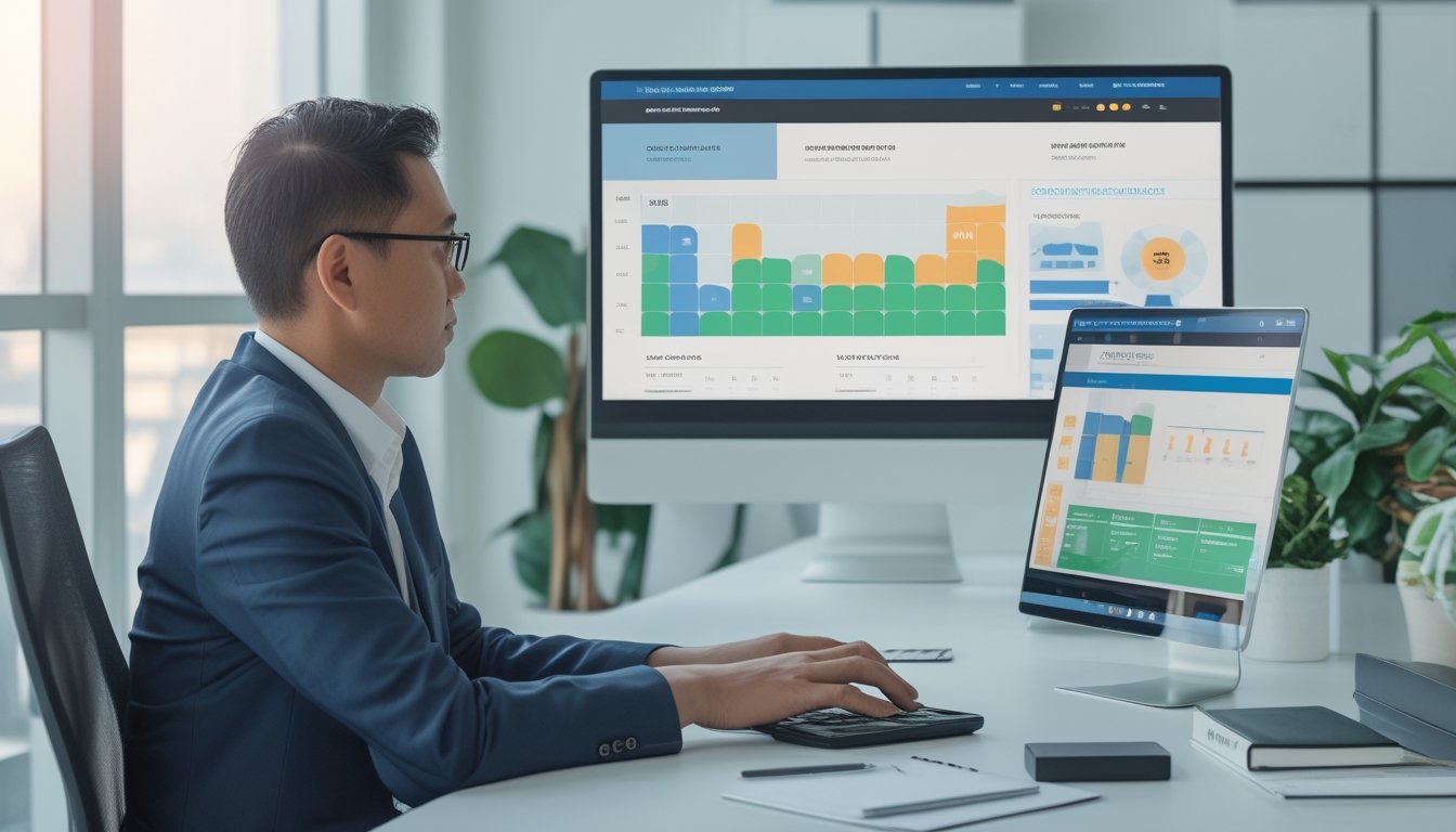 Seorang profesional Indonesia menganalisis grafik risiko dan keamanan situs pada meja kerja modern.