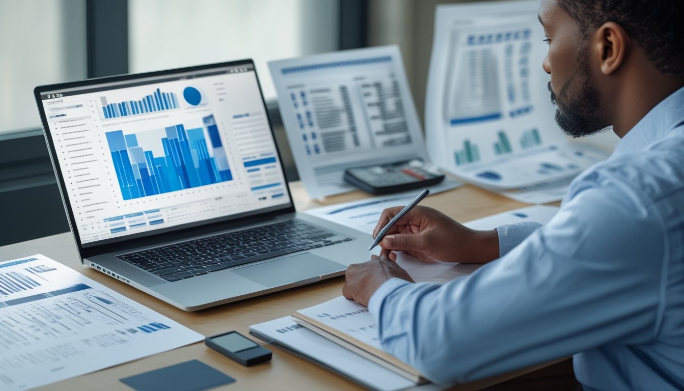 Seorang analis memeriksa grafik dan data pada meja kerja modern.